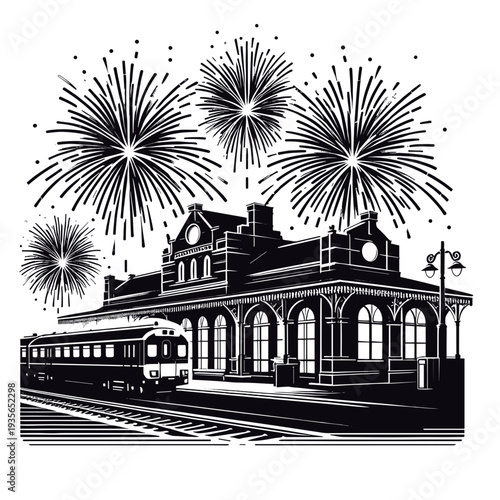Vintage train station with fireworks, black-and-white illustration, celebration
