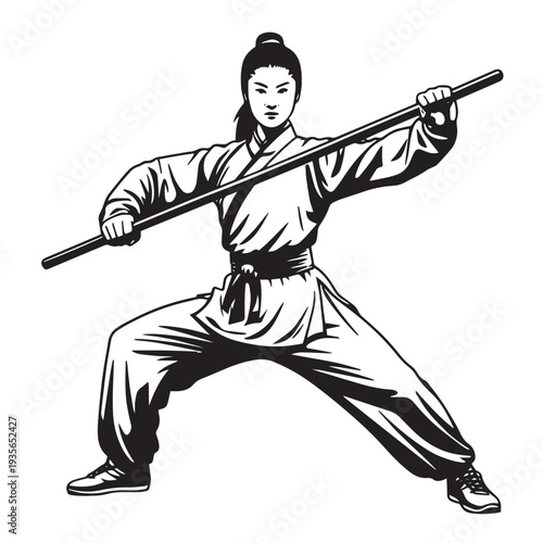 Female martial artist holding a staff weapon in a strong, defensive stance, black and white outline vector illustration of a disciplined fighter