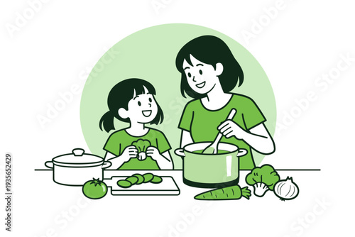 Illustration of a mother cooking with her daughter, chopping vegetables and stirring a pot in a home kitchen, teaching healthy meal preparation together