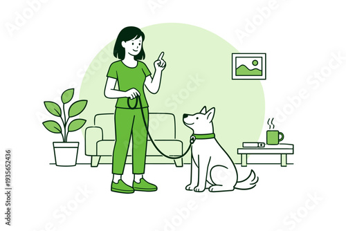 Minimal line illustration of a woman training a sitting dog on a leash in a cozy living room with sofa, plant, coffee table, and mug