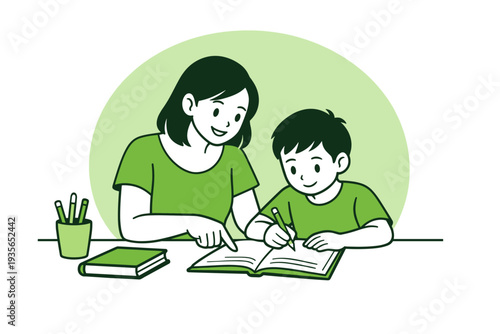 Mother helping young son with homework at a desk, pointing at an open book while the child writes with a pencil in a simple illustration