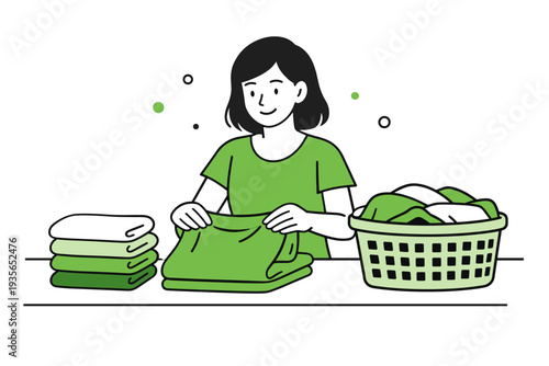Minimal vector illustration of a woman folding clean laundry at a table beside a basket of clothes, representing household chores and home organization