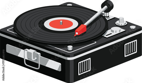 Black turntable vector illustration with vinyl record and stylus arm, retro audio device for analog music lovers and vintage sound themes