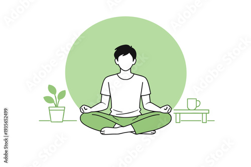 Minimal line illustration of a person meditating cross-legged in a calm room with potted plant and tea cup, emphasizing mindfulness and relaxation