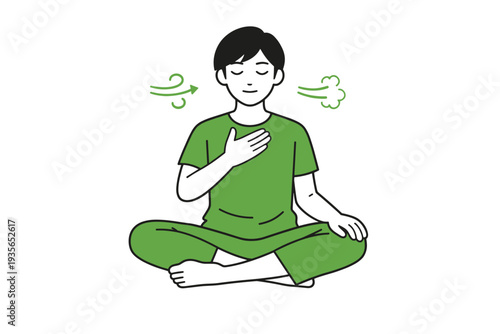 Minimal line illustration of a person sitting cross-legged practicing mindful breathing and relaxation with calm airflow icons for meditation