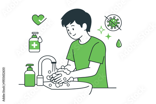 Illustration of a young man washing hands with soap at a sink, promoting hygiene, sanitation, germ prevention, and personal health protection