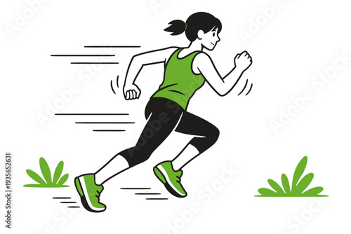 Illustration of an athletic woman sprinting in motion, wearing sportswear and running shoes, with speed lines and minimal greenery on white background