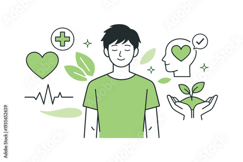 Minimal line illustration of a calm person with heart, medical cross, wellness icons, and hands holding a sprouting plant symbolizing holistic health