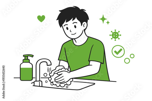 Simple illustration of a person washing hands with soap at a sink, promoting hygiene, cleanliness, and disease prevention through proper handwashing