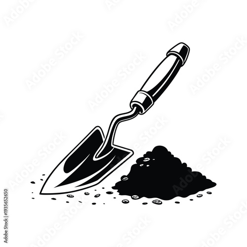 Black and White Illustration of a Shovel Digging Soil � Gardening Tool in Minimal Monochrome Style