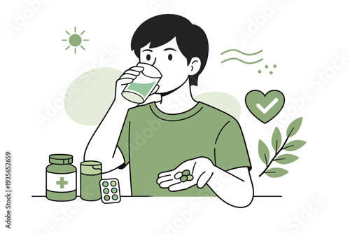 Illustration of a person drinking water and taking vitamins and supplements, highlighting daily wellness routine, healthy habits, and preventive healthcare concept