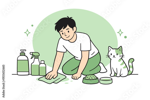 Minimal illustration of a person kneeling and wiping the floor beside a pet cat, with cleaning bottles and supplies suggesting home hygiene and tidying