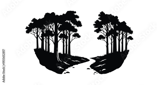 A dark forest and riverbank scene depicted as a striking silhouette