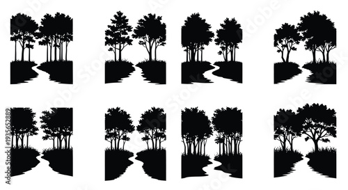 Black forest and winding river patterns in a detailed silhouette