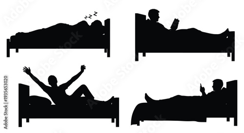 People in bed sleeping reading stretching and waking silhouette