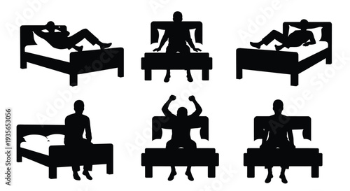 People relaxing and exercising on furniture in black silhouette