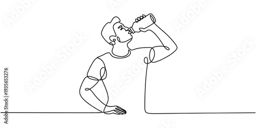 Single continuous line drawing young man drinking fresh water from a bottle with his right hand after exercising. Healthy lifestyles concept.one line vector illustration with out background.