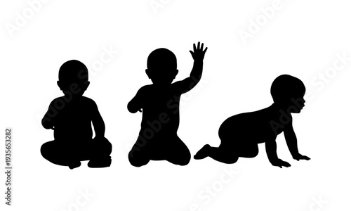 Collection of three baby silhouettes sitting and crawling on white background