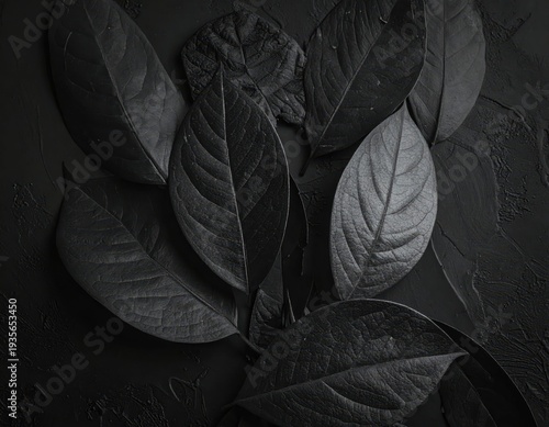 Dark Leaves Arrangement on Textured Black Background for Design Use