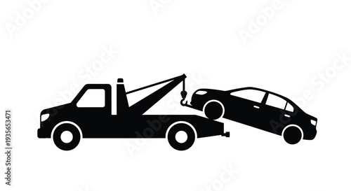 A black tow truck lifting a car simple vector illustration silhouette