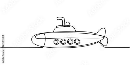 Submarine toy isolated on white background. One line continuous children toy art. Line art, outline, vector illustraiton, continuous line submarine hand drawn vector illustration, Continuous one line