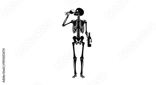 Skeleton enjoying a drink holding a bottle and glass silhouette