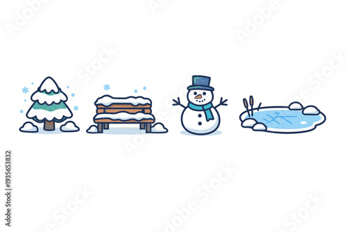 Minimal winter scene icons featuring a snow-covered pine tree, frosty bench, cheerful snowman with top hat and scarf, and icy frozen pond