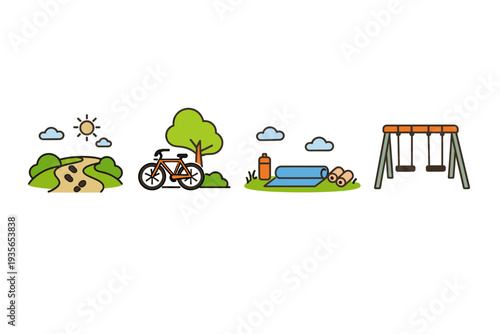 Outdoor recreation icons showing a nature trail landscape, bicycle ride, yoga mat exercise with water bottle, and playground swing set on white