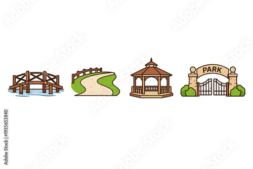 Cartoon park elements set featuring wooden bridge over water, winding path with fence, gazebo pavilion, and entrance gate with shrubs