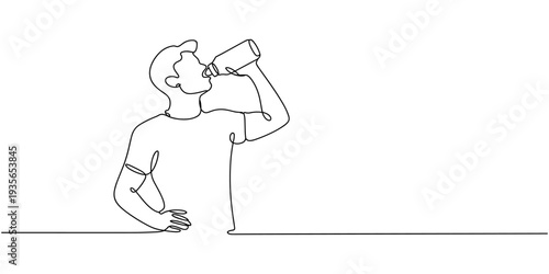 Single continuous line drawing young man drinking fresh water from a bottle with his right hand after exercising. Healthy lifestyles concept.one line vector illustration with out background.