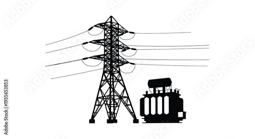 Electric power transmission tower and substation stark black silhouette