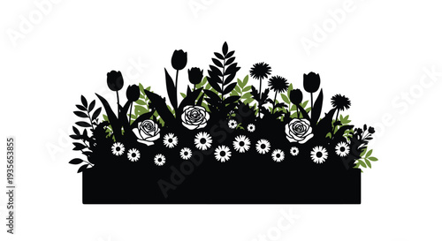 Floral arrangement with roses tulips and daisies in dark silhouette