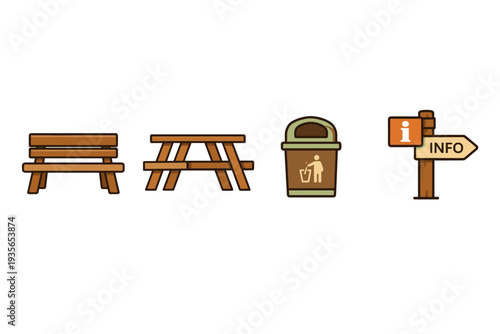 Set of park amenities icons featuring wooden bench, picnic table, trash bin with litter symbol, and information signpost on a white background