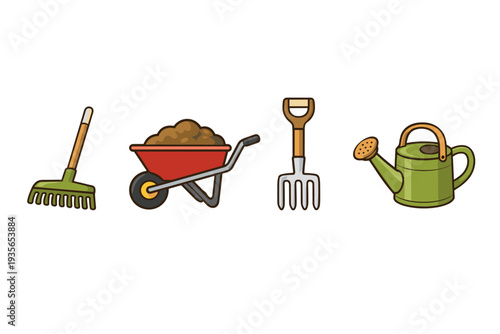 Illustration of gardening tools set with rake, wheelbarrow full of soil, hand fork, and watering can arranged in a row on white background