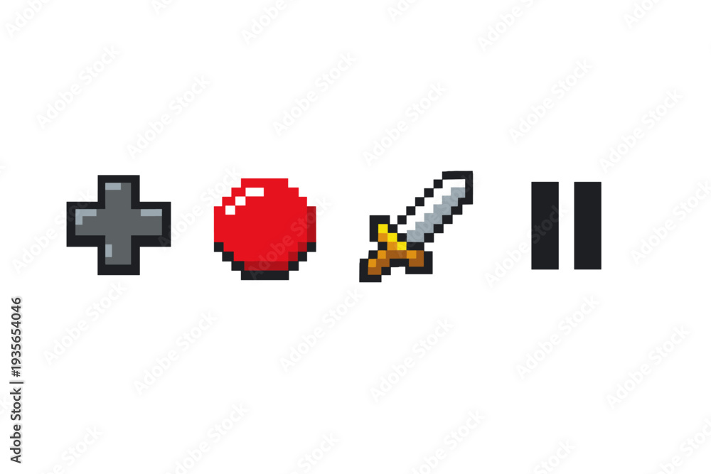 Obraz premium Pixel art game control icons showing a directional cross, red action button, small sword, and pause symbol in retro 8-bit style on white background