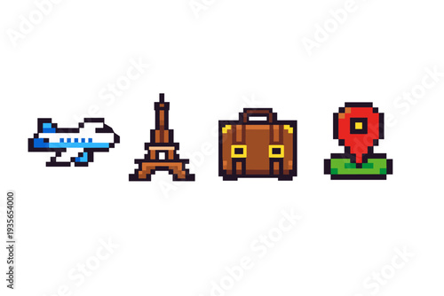 Pixel art travel icons set featuring airplane, landmark tower, luggage suitcase, and location pin marker in retro 8-bit style on white background