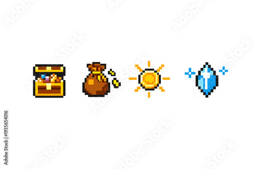 Pixel art game icons featuring an open treasure chest, a coin bag spilling gold, a bright sun symbol, and a blue crystal gem on white background