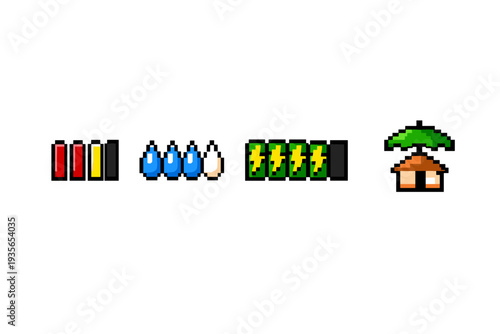 Pixel art game interface icons showing health bars, water droplets, energy battery meter, and a small shelter with a leaf roof on a white background