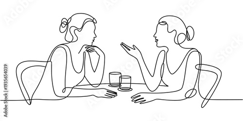 Two women are talking at the table continuous one line drawing, Job interview - vector modern simple one line design composition with recruiter and candidate. Continuous Line Drawing of Two women