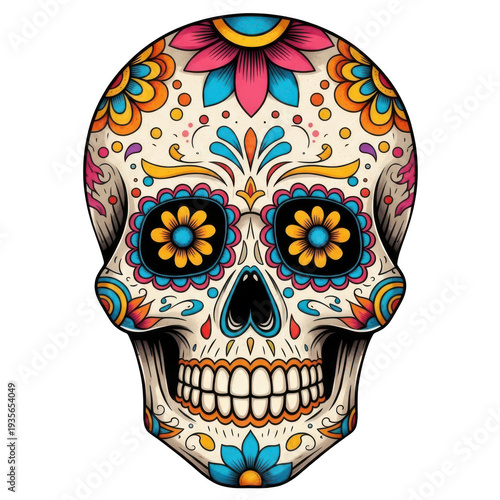 Vibrant sugar skull adorned with colorful flowers and intricate patterns
