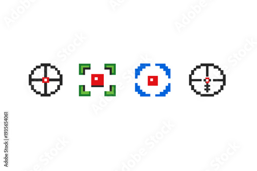 Set of pixelated aiming reticles and crosshair icons with red center dots, circular and bracket shapes, isolated on white background
