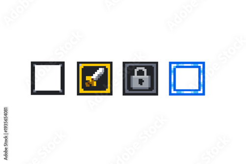 Pixelated user interface icons showing blank square slots, a highlighted sword item, a locked padlock slot, and a blue selection frame on white background