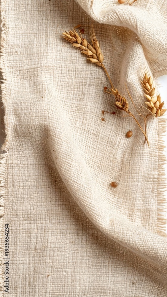 Obraz premium Tan Burlap Fabric with Golden Wheat Stalks on White Tabletop