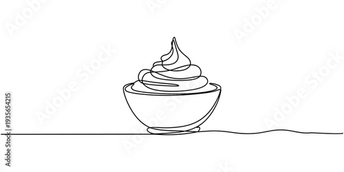 Whipped cream in a bowl in continuous one line art style. Simple vector illustration, Single-line drawing of a mixing bowl with whipped cream, Minimalist one continuous line art drawing of a hot drink