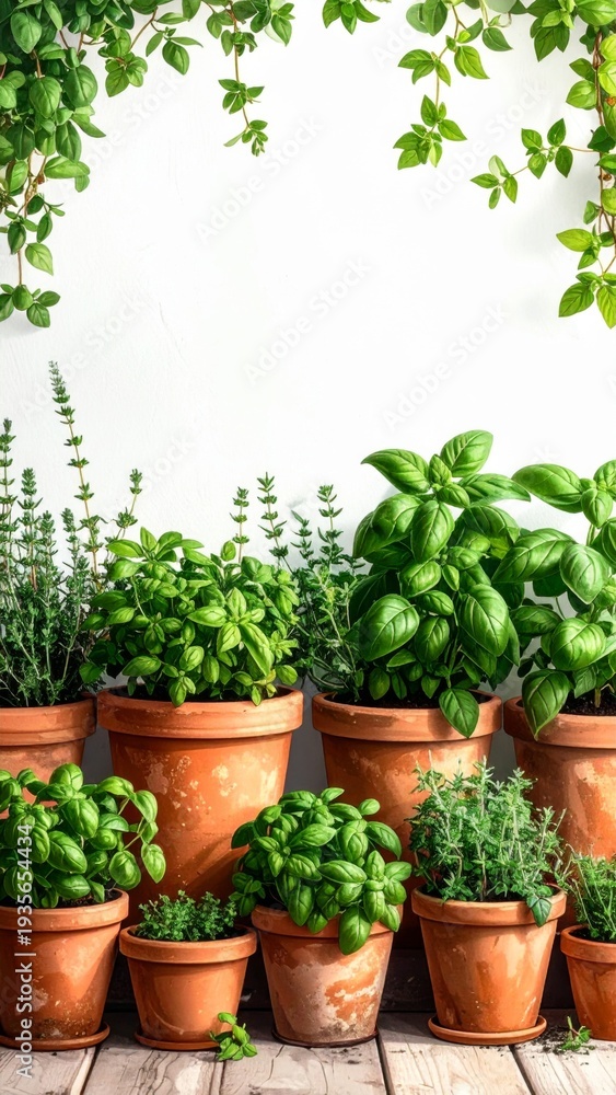 Obraz premium Terracotta Pots with Herbs on Rustic Table Top Against White Wall