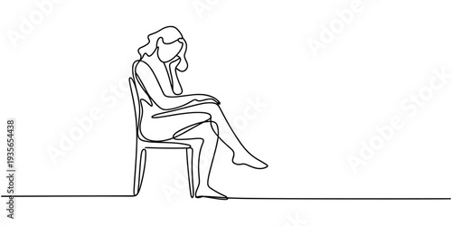 Continuous one line drawing of a confident woman sitting elegantly in a chair, minimalist art style, female silhouette, simple linear artwork. Vector, illustration