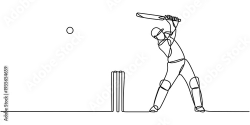 Single continuous line drawing of young agile man cricket player standing ready to hit the ball vector illustration. Sport exercise concept. Trendy one line draw design for cricket promotion media