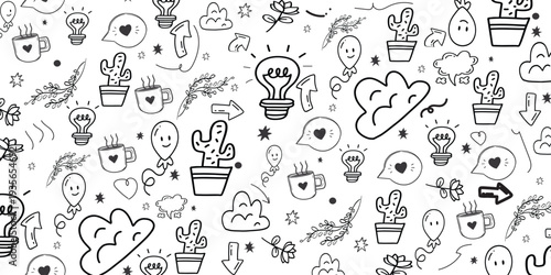 Whimsical doodle pattern with cartoony faces and symbols