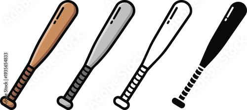 Various classic wood and metal baseball softball bat set of 4, baseball and softball gear, athletic equipment, wooden bats, metal bats, isolated