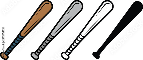 Various classic wood and metal baseball softball bat set of 4, baseball and softball gear, athletic equipment, wooden bats, metal bats, isolated